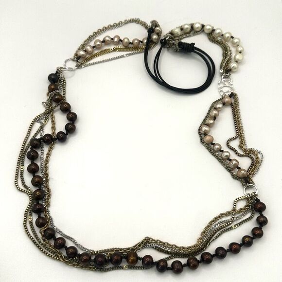 Nakamol brown  and cream pearl multi strand long chain necklace - Picture 8 of 15